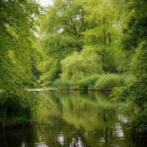 Afbeelding van het Kralingse Bos in Rotterdam, met een kalm meer en groene omgeving, symbool voor natuurlijke balans en ontspanning.