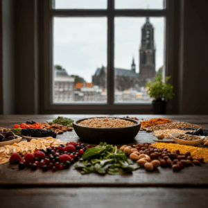 Gezellige Utrechtse interieursetting met een kopje kruidenthee en zacht natuurlijk licht, symbool voor een lichaam in balans en energieherstel.