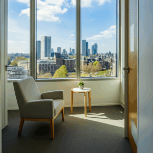 Een moderne, lichte therapieruimte in Den Haag met een comfortabele stoel en uitzicht op de stad, passend bij het thema mentale balans in een stedelijke omgeving.