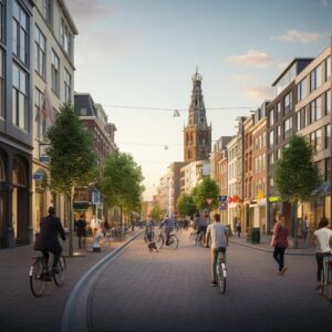 Een levendige afbeelding van het stadscentrum van Groningen met de Martinitoren op de achtergrond, die de balans tussen stedelijke energie en innerlijke rust symboliseert.