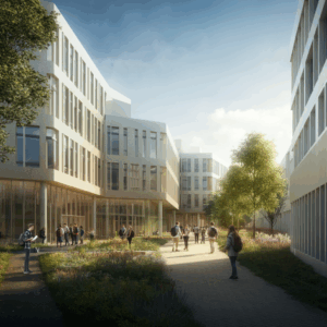 Een moderne universiteitscampus in Utrecht met strakke architectuur, groene ruimtes en studenten, die een sfeer van mentale balans, gemeenschap en innovatie uitstraalt.