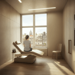 Een persoon zittend op een bankje, kijkend naar een rustige Amsterdamse gracht bij schemering, omringd door groene bomen.