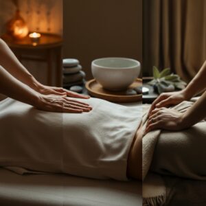 Ontspanning met Reiki in Purmerend: warme natuurlijke verlichting, zachte handpositie en serene sfeer voor kalmte en balans