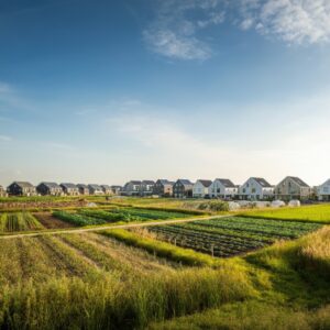 Oosterwold in Almere met moderne huizen, landbouwvelden en een focus op duurzaamheid en zelfvoorzienend leven, passend bij therapie en persoonlijke ontwikkeling in Almere.