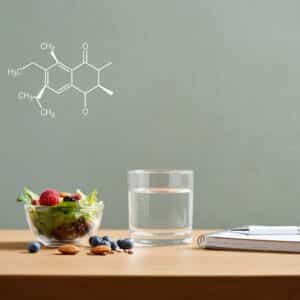 Minimalistische consultsetting met glas water, kom met bessen, bladgroen en noten op houten tafel, notitieboek en subtiele molecuulstructuur op de achtergrond – symbool voor orthomoleculaire benadering van voeding en biochemie.