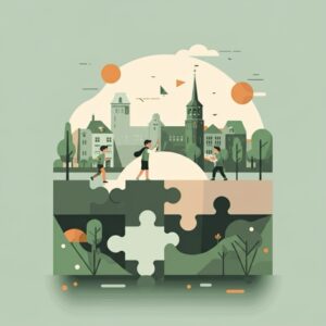 Illustratie van gestileerde figuren en een landschap van stad en natuur opgebouwd uit in elkaar grijpende puzzelstukken, als metafoor voor samenwerking en samenhang met ondersteuning van een orthopedagoog in Amersfoort.