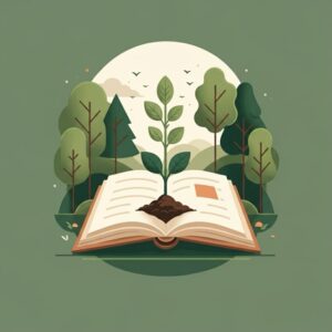Illustratie van een open boek waaruit een plantje groeit, omringd door groen, als symbool voor leren en ontwikkeling met ondersteuning van een orthopedagoog in Amersfoort (Park Randenbroek).