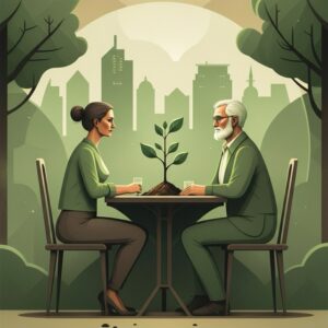 Illustratie van een man en vrouw aan tafel met een groeiend plantje tussen hen in, symbool voor samenwerking, groei en ouderbegeleiding door een orthopedagoog in Amersfoort.