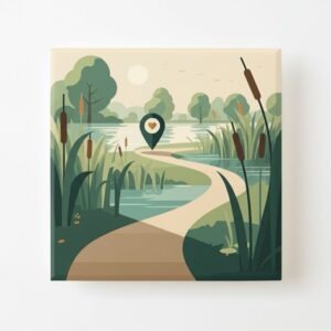 Minimalistische illustratie van een wandelpad langs de Eem met riet en een hartvormige locatiepin, als metafoor voor de weg naar begrip en begeleiding door een orthopedagoog in Amersfoort.