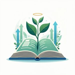 Illustratie van een plant die uit een open boek groeit met pijlen omhoog, symbool voor emotieregulatie en ontwikkeling onder begeleiding van een orthopedagoog in Amsterdam.