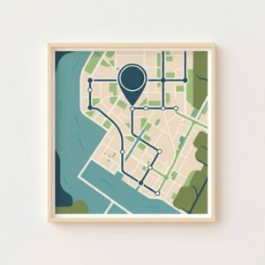 Minimalistische kaart met route en locatiepin als metafoor voor de weg naar begrip en begeleiding door een orthopedagoog in Amsterdam.