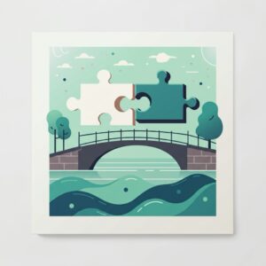 Illustratie van twee puzzelstukken die een brug vormen over een kanaal, als metafoor voor de afstemming tussen school, ouders en orthopedagoog in Amsterdam.