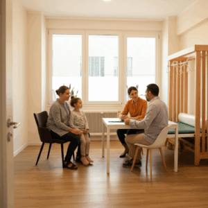 Een moeder en kind in gesprek met twee professionals in een moderne, lichte praktijk in Laren, symboliserend vertrouwen en professionele begeleiding.