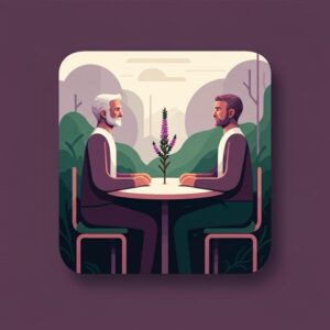 Gestileerde illustratie van twee volwassenen aan tafel met een heidetakje tussen hen in, symbool voor rustig overleg en ouderbegeleiding door een orthopedagoog in Hilversum.