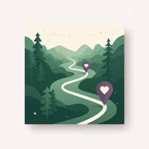 Minimalistische kaart met route en hartvormige locatiepin als metafoor voor de weg naar begrip en begeleiding door een orthopedagoog in Hilversum en het Gooi.