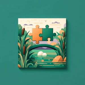 Illustratie van twee puzzelstukken die een brug vormen boven riet en water, als metafoor voor afstemming tussen school, ouders en orthopedagoog in Hilversum en het Gooi.