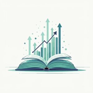 Illustratie van een open boek met opwaartse grafieken als symbool voor de ontwikkeling onder begeleiding van een orthopedagoog.