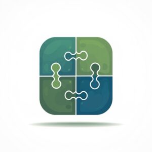 Illustratie van vier interlockende puzzelstukken die samenwerking en afstemming rond een orthopedagoog symboliseren.