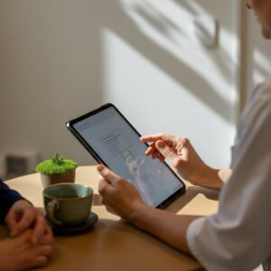 Othomoleculair therapeut Dordrecht – intake in lichte praktijk; therapeut bespreekt persoonlijk plan op tablet met cliënt aan ronde houten tafel, met kruidenthee en plantje; warme, transparante begeleiding.