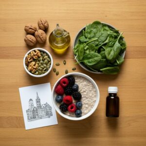 Othomoleculair therapeut Dordrecht – flatlay met overnight oats, bessen, bladgroenten, walnoten, pompoenpitten, olijfolie en een ongebrand supplementflesje op houten oppervlak; focus op orthomoleculaire voeding en herstel.