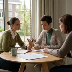 Oudercoaching in Hilversum: orthopedagoog en ouder overleggen aan een ronde houten tafel met notitieboek en thee, in een rustige, lichte ruimte.