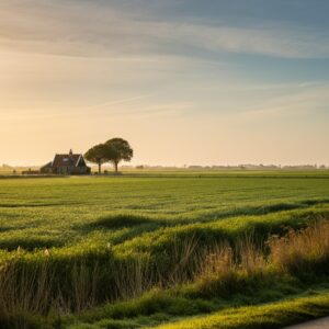 Een rustieke afbeelding van een boerderij in een uitgestrekt groen veld in Groningen, die persoonlijke ontwikkeling en innerlijke balans symboliseert.