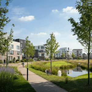 Een moderne woonwijk in Leidsche Rijn, Utrecht, met eigentijdse gebouwen, een groen park en mensen die genieten van een ontspannen omgeving, passend bij persoonlijke groei en balans.