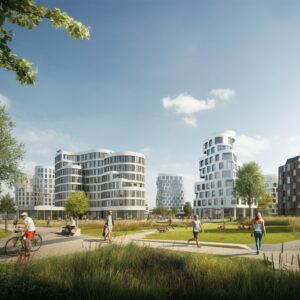 Een moderne stedelijke omgeving in Almere met innovatieve architectuur, groene ruimtes en een focus op persoonlijke groei en therapie, passend bij de pioniersgeest van de stad.