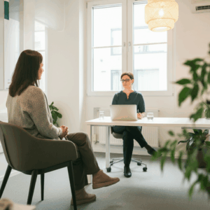Een therapiegesprek in een moderne, lichte kantoorruimte in Utrecht, met een therapeut en cliënt in een vertrouwelijke en professionele setting.
