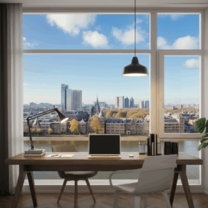 Een moderne werkplek in Den Haag met een laptop op een bureau, uitzicht op de stad en een inspirerende, productieve sfeer.