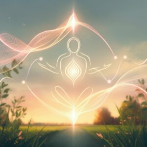 Illustratie van een mediterend persoon omringd door gloeiende energie in een serene natuurlijke omgeving, die innerlijke rust en spirituele verbinding symboliseert.