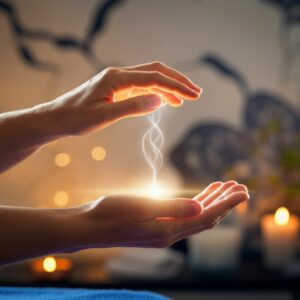 Close-up van handen die energie uitstralen tijdens een Reiki-sessie, met een warme gloed en een serene achtergrond, passend bij de rust van Alkmaar.