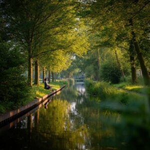Een persoon die mediteert langs een rustige, met bomen omzoomde gracht in Alkmaar tijdens het gouden uur, wat een gevoel van vrede en verbinding met de natuur oproept.