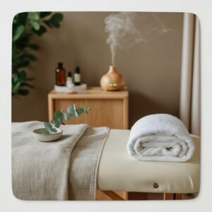 Reiki Amsterdam detail van een serene behandelkamer met massagetafel, witte handdoek, keramische kom met eucalyptus en een houten diffuser met zachte damp, in warm natuurlijk zijlicht voor een rustgevende sfeer