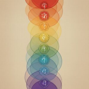 Reiki Amsterdam abstracte visualisatie van chakra-harmonie met zachte, verticale kleurverloop-golven en subtiele lichtgloed op een linnenachtige textuur, symbool voor energetische balans