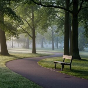Reiki Amsterdam sfeerbeeld van een stil Vondelpark-pad met houten bankje in zachte ochtendmist en warm diffuus licht, dat kalmte en innerlijke rust oproept