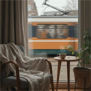 Reiki behandeling Amstelveen; rustige interieurhoek met zachte avondlicht, kop kruidenthee en subtiele tram-bokeh als moment van decompression na de Zuidas-dag