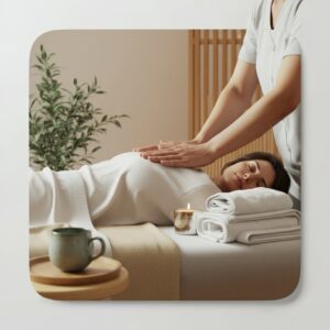 Reiki behandeling in een serene praktijkruimte in Den Haag; zachte daglicht, linnen behandeltafel en rustige handoplegging voor diepe ontspanning.