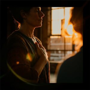 Reiki behandeling Eindhoven met vrouw die haar hand op de borst legt in warm vensterlicht, gevoel van rust en introspectie