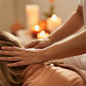 Close-up van een Reiki behandeling in Helmond: zachte handplaatsing op hoofd/schouders in rustgevende behandelkamer.