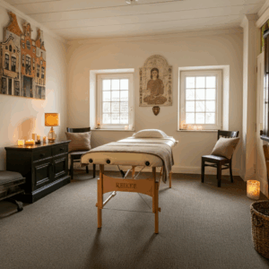 Gezellige Reiki-therapieruimte in Hoorn met een comfortabele behandeltafel, zachte verlichting en rustgevende decoratie, ideaal voor ontspanning en energieherstel.
