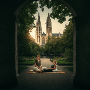 Een buiten Reiki-sessie in Den Bosch, met twee vrouwen in een serene parksetting, omlijst door een boog en met de Sint-Janskathedraal op de achtergrond bij zonsondergang.