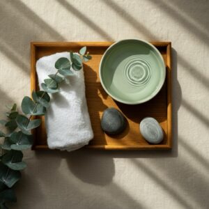 Bovenaanzicht van een houten tray op licht linnen met een opgevouwen witte handdoek, een keramische kom met waterrimpels, gladde rivierstenen en een takje eucalyptus in zacht natuurlijk daglicht; rustige hero-afbeelding voor Reiki.