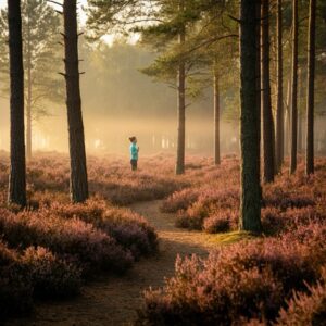 Wandelpad door Corversbos richting Laapersheide bij golden hour als rustige setting voor Reiki Hilversum.