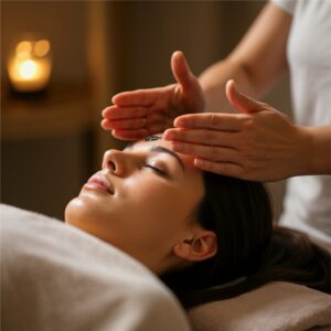 Close-up van een handoplegging tijdens een Reiki Hilversum sessie, gericht op energieherstel en ontspanning.