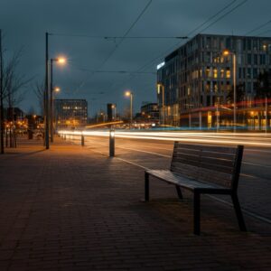 Avondlijk exterieur van een Reiki Hilversum praktijk met warm binnenlicht en natte stoep, uitnodigende sfeer.