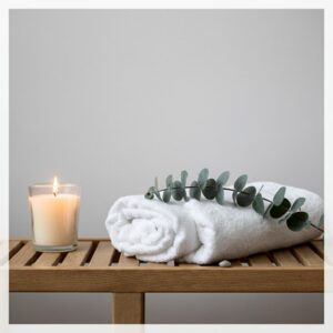 Reiki in omgeving Amstelveen; opgevouwen handdoek met eucalyptus en kaars op houten bank in een rustige, lichte behandelruimte voor een kalme sessie