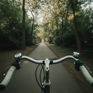 Reiki in omgeving Heemstede: fietsersperspectief op lommerrijke laan met gefilterd zonlicht en zachte beweging, gevoel van rust en vrije doorstroming van energie