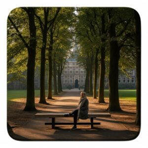 Persoon zit ontspannen op een bankje aan het Lange Voorhout in Den Haag, zachte ochtendzon en lommerrijke bomen; visualiseert de kalme balans van Reiki Lange Voorhout.