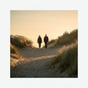 Twee mensen wandelen rustig door de duinen van Meijendel bij Den Haag na een Reiki sessie; gouden uur, zandpad en helmgras voor een gevoel van herstel en balans.